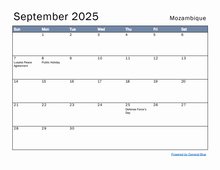 September 2025 Simple Monthly Calendar for Mozambique