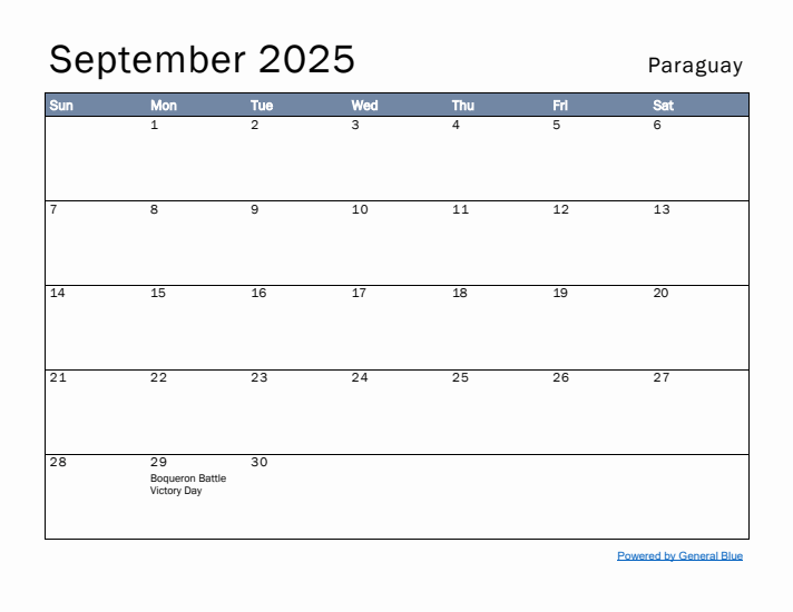 September 2025 Simple Monthly Calendar for Paraguay