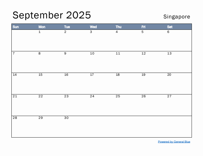 September 2025 Simple Monthly Calendar for Singapore