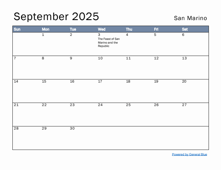 September 2025 Simple Monthly Calendar for San Marino