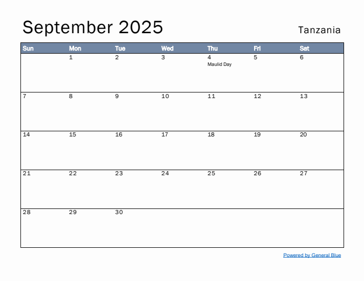 September 2025 Simple Monthly Calendar for Tanzania