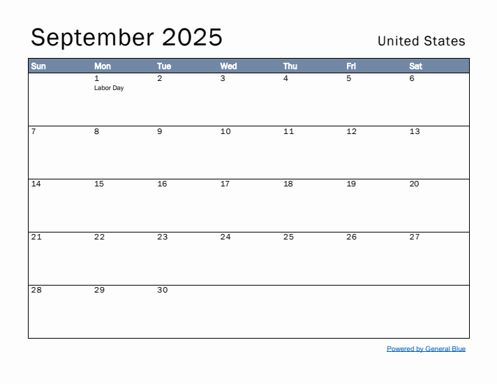 September 2025 Simple Monthly Calendar for United States