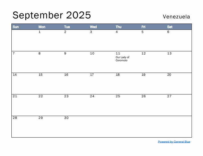 September 2025 Simple Monthly Calendar for Venezuela