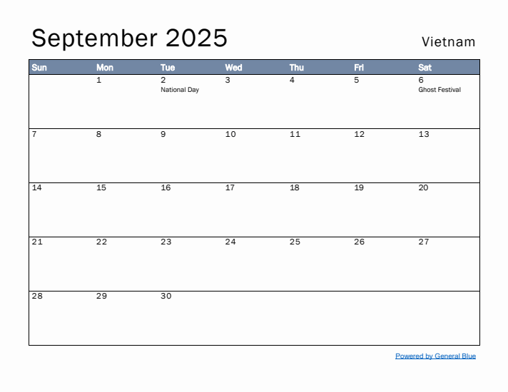 September 2025 Simple Monthly Calendar for Vietnam