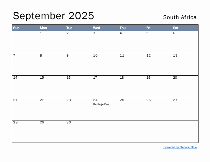 September 2025 Simple Monthly Calendar for South Africa