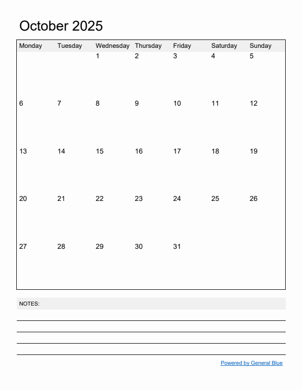 Basic Monthly Calendar Template for October 2025