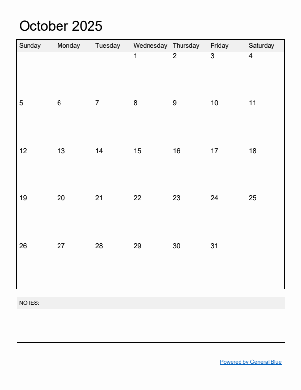 Basic Monthly Calendar Template for October 2025