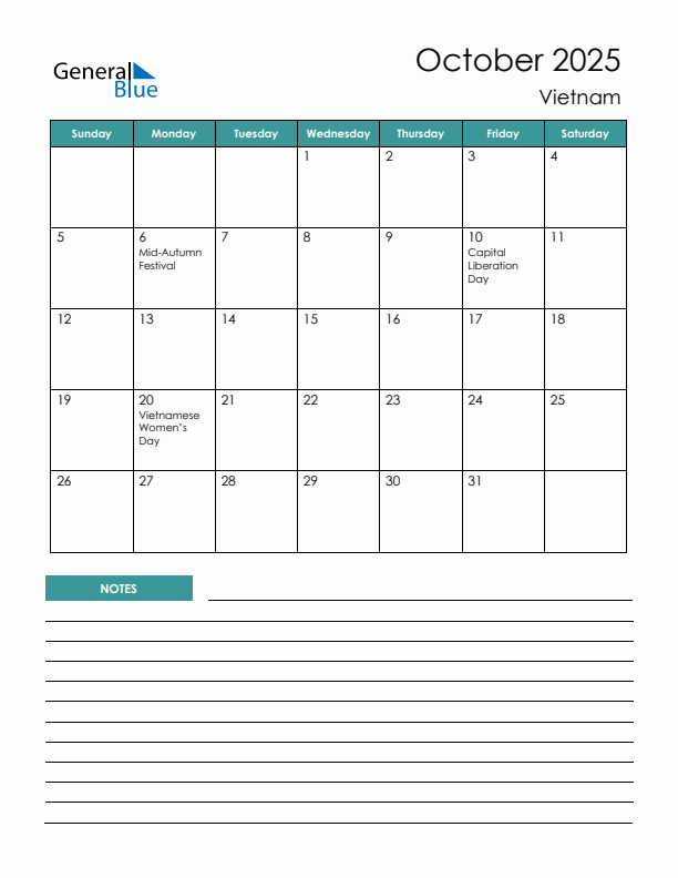 Calendar with Notes Printable - Sunday Start