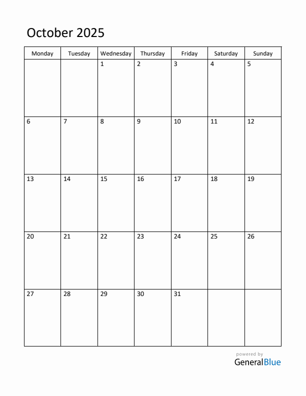 Monday Start Calendar for October 2025