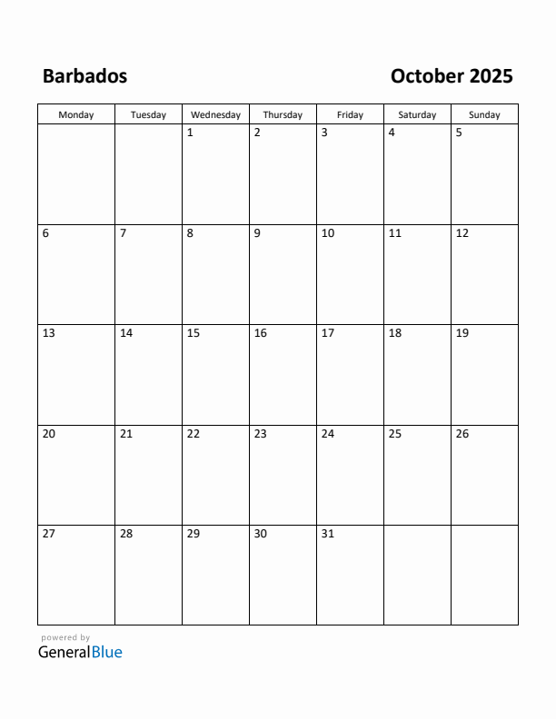 October 2025 Calendar with Barbados Holidays