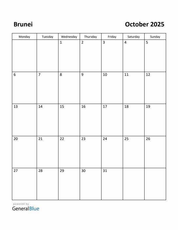 October 2025 Calendar with Brunei Holidays