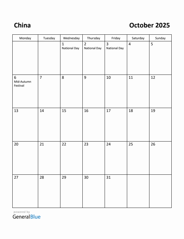 October 2025 Calendar with China Holidays