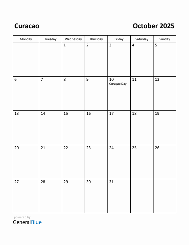 October 2025 Calendar with Curacao Holidays