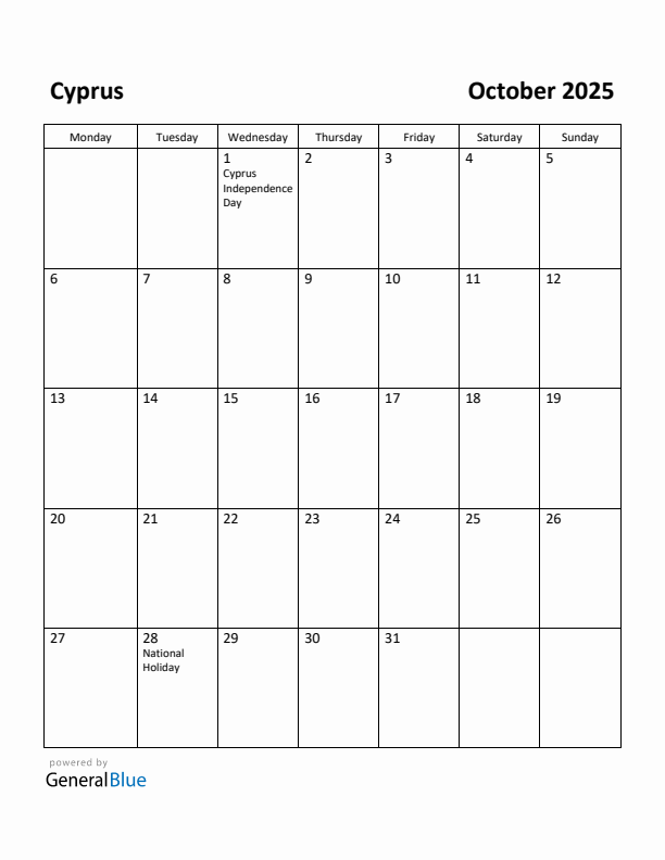 October 2025 Calendar with Cyprus Holidays