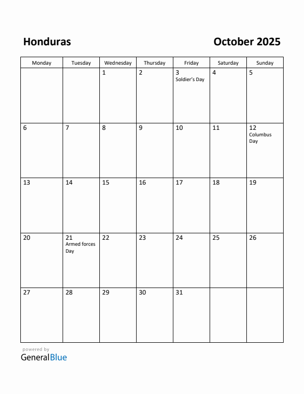 October 2025 Calendar with Honduras Holidays