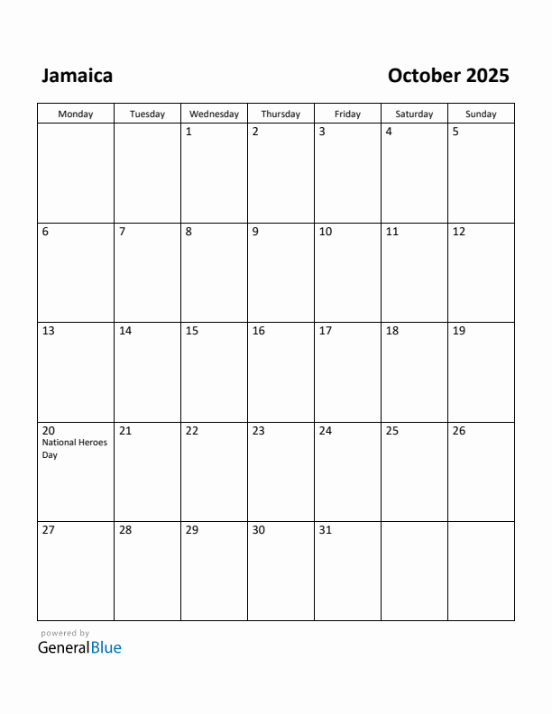 October 2025 Calendar with Jamaica Holidays