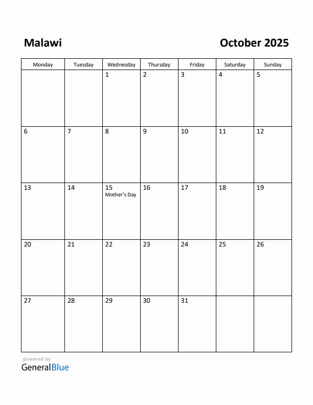 October 2025 Calendar with Malawi Holidays