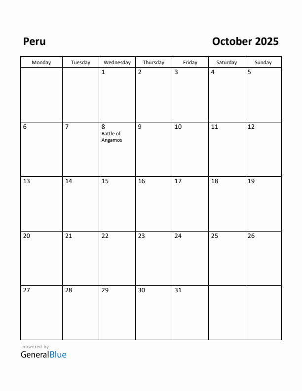 October 2025 Calendar with Peru Holidays