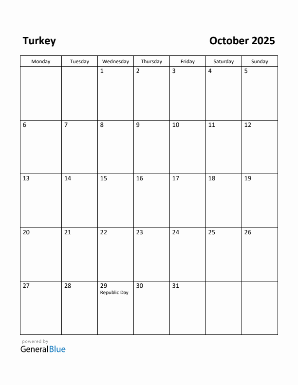 October 2025 Calendar with Turkey Holidays