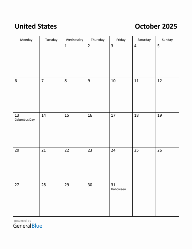 October 2025 Calendar with United States Holidays