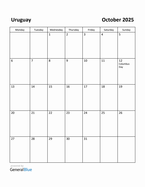 October 2025 Calendar with Uruguay Holidays