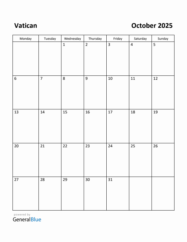 October 2025 Calendar with Vatican Holidays