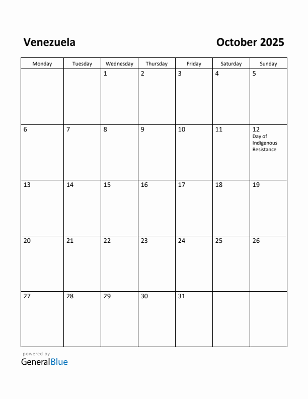 October 2025 Calendar with Venezuela Holidays