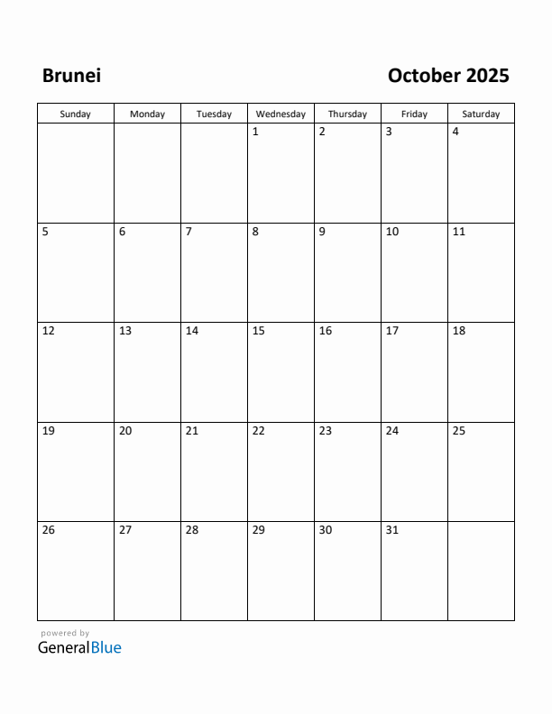 October 2025 Calendar with Brunei Holidays