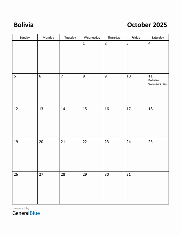 October 2025 Calendar with Bolivia Holidays