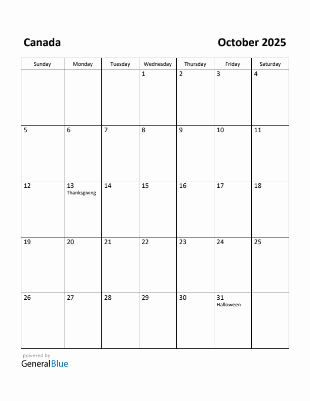 October 2025 Calendar with Canada Holidays