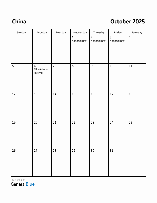 October 2025 Calendar with China Holidays