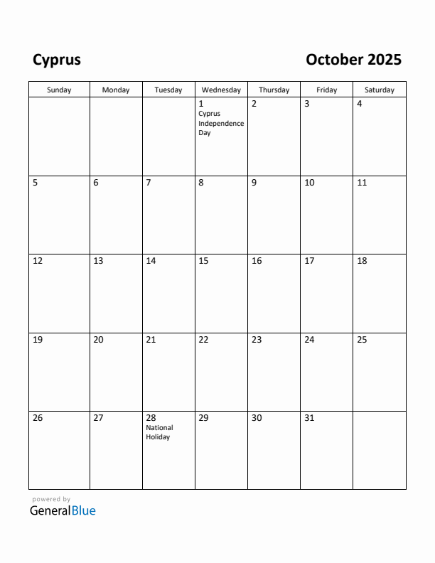 October 2025 Calendar with Cyprus Holidays