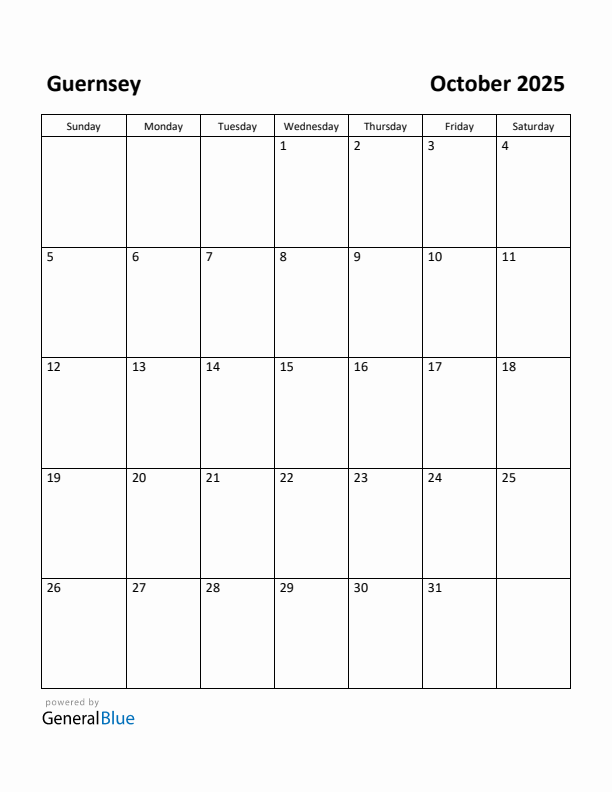 October 2025 Calendar with Guernsey Holidays