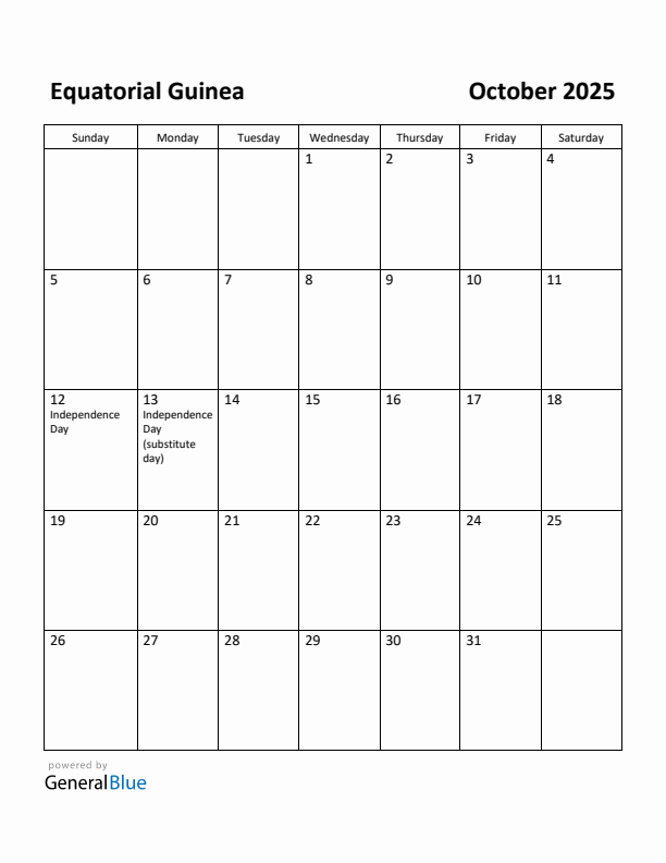 October 2025 Calendar with Equatorial Guinea Holidays