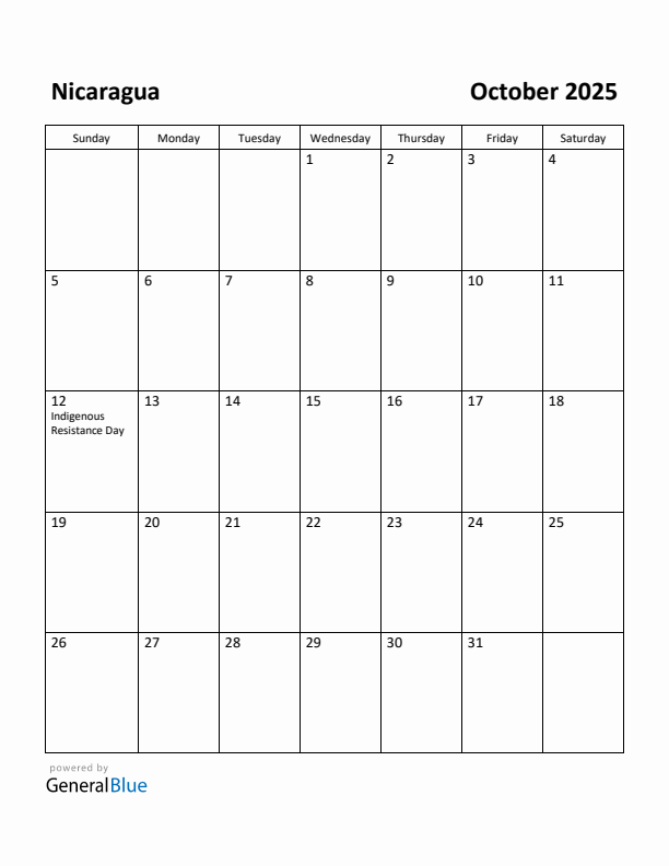 October 2025 Calendar with Nicaragua Holidays