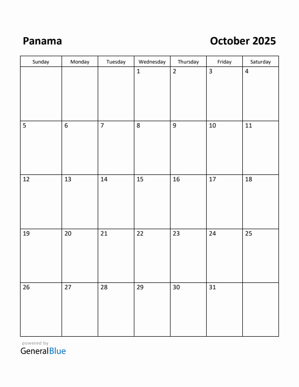 October 2025 Calendar with Panama Holidays