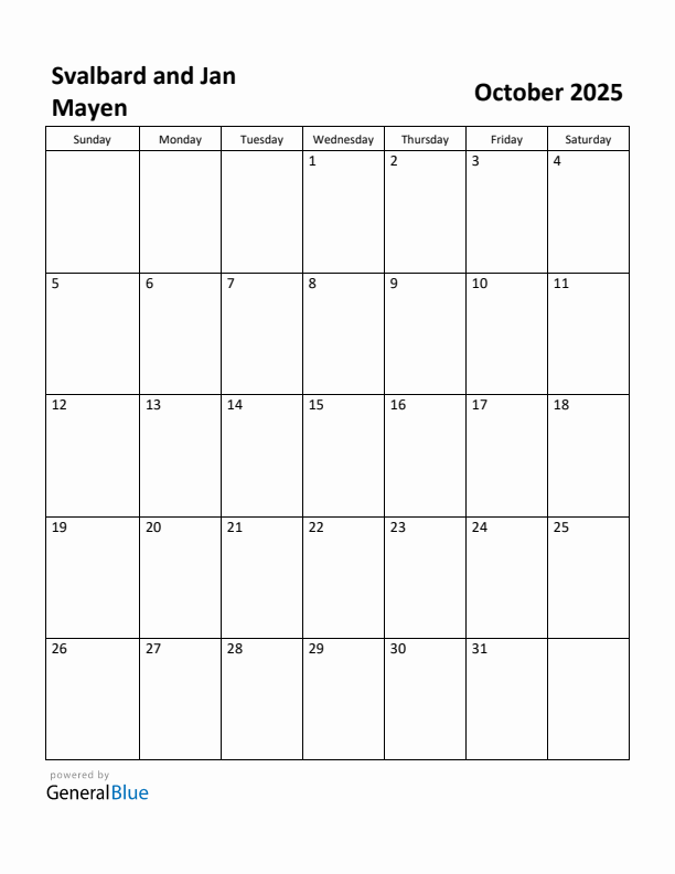 October 2025 Calendar with Svalbard and Jan Mayen Holidays