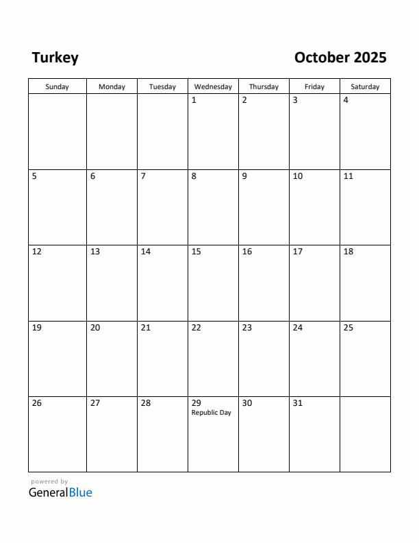 October 2025 Calendar with Turkey Holidays