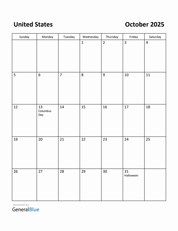 October 2025 Calendar with United States Holidays