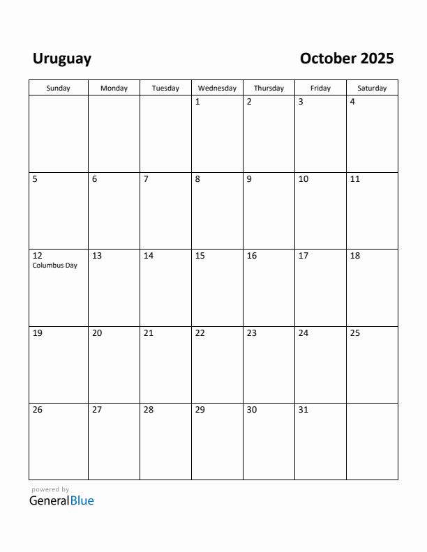 October 2025 Calendar with Uruguay Holidays