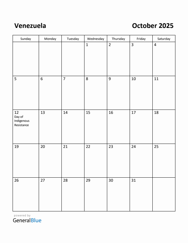 October 2025 Calendar with Venezuela Holidays