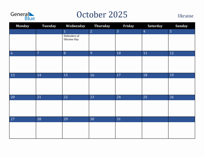 October 2025 Ukraine Calendar (Monday Start)