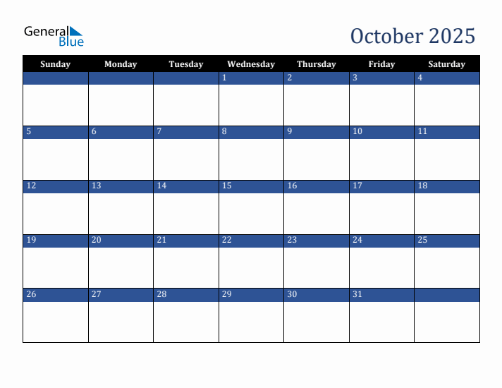 Sunday Start Calendar for October 2025