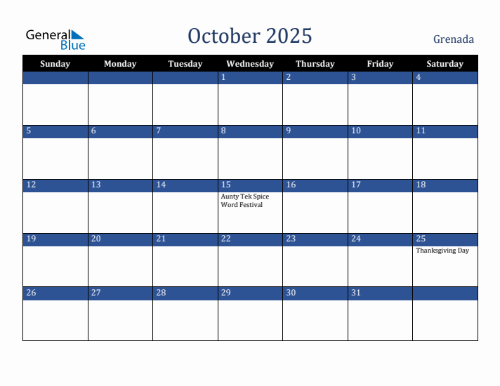 October 2025 Grenada Calendar (Sunday Start)