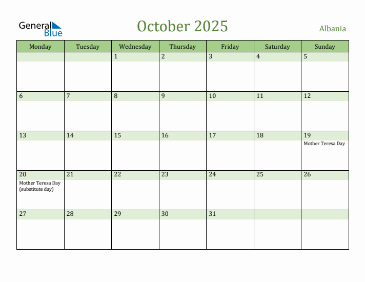 October 2025 Calendar with Albania Holidays