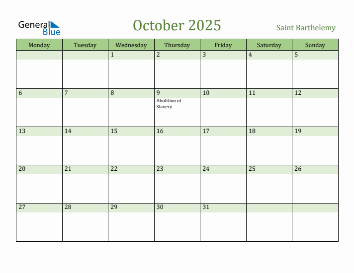 October 2025 Calendar with Saint Barthelemy Holidays