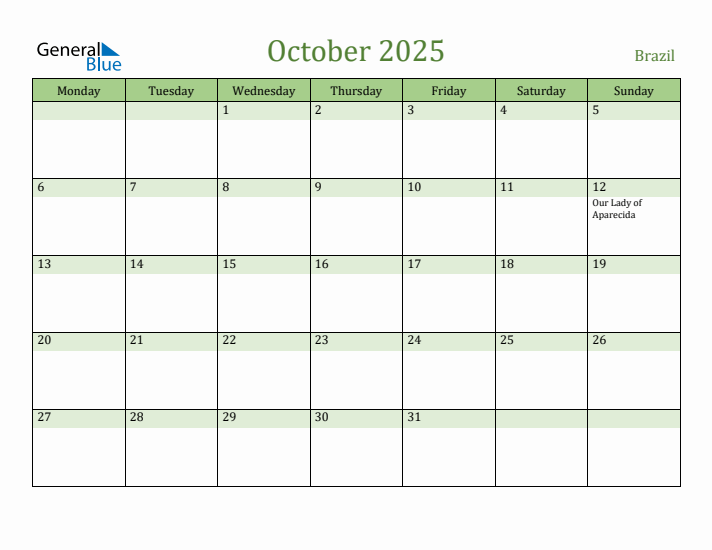 October 2025 Calendar with Brazil Holidays