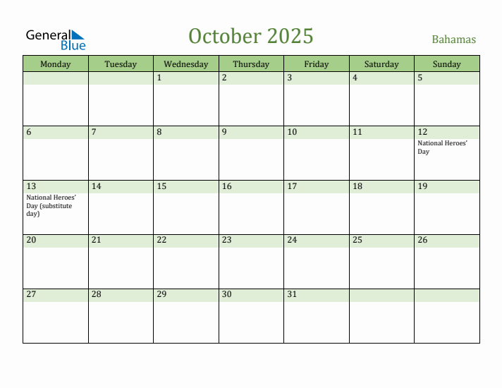 October 2025 Calendar with Bahamas Holidays