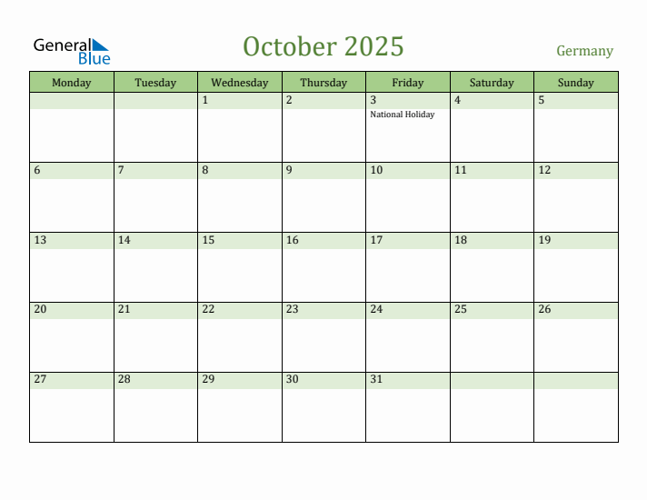 October 2025 Calendar with Germany Holidays