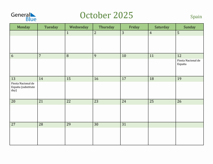 October 2025 Calendar with Spain Holidays